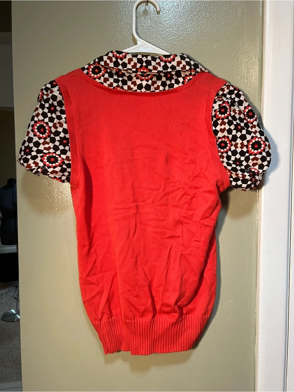 Tory Burch Women's Size Medium Twofer Sweater Blouse Coral Geometric Collared